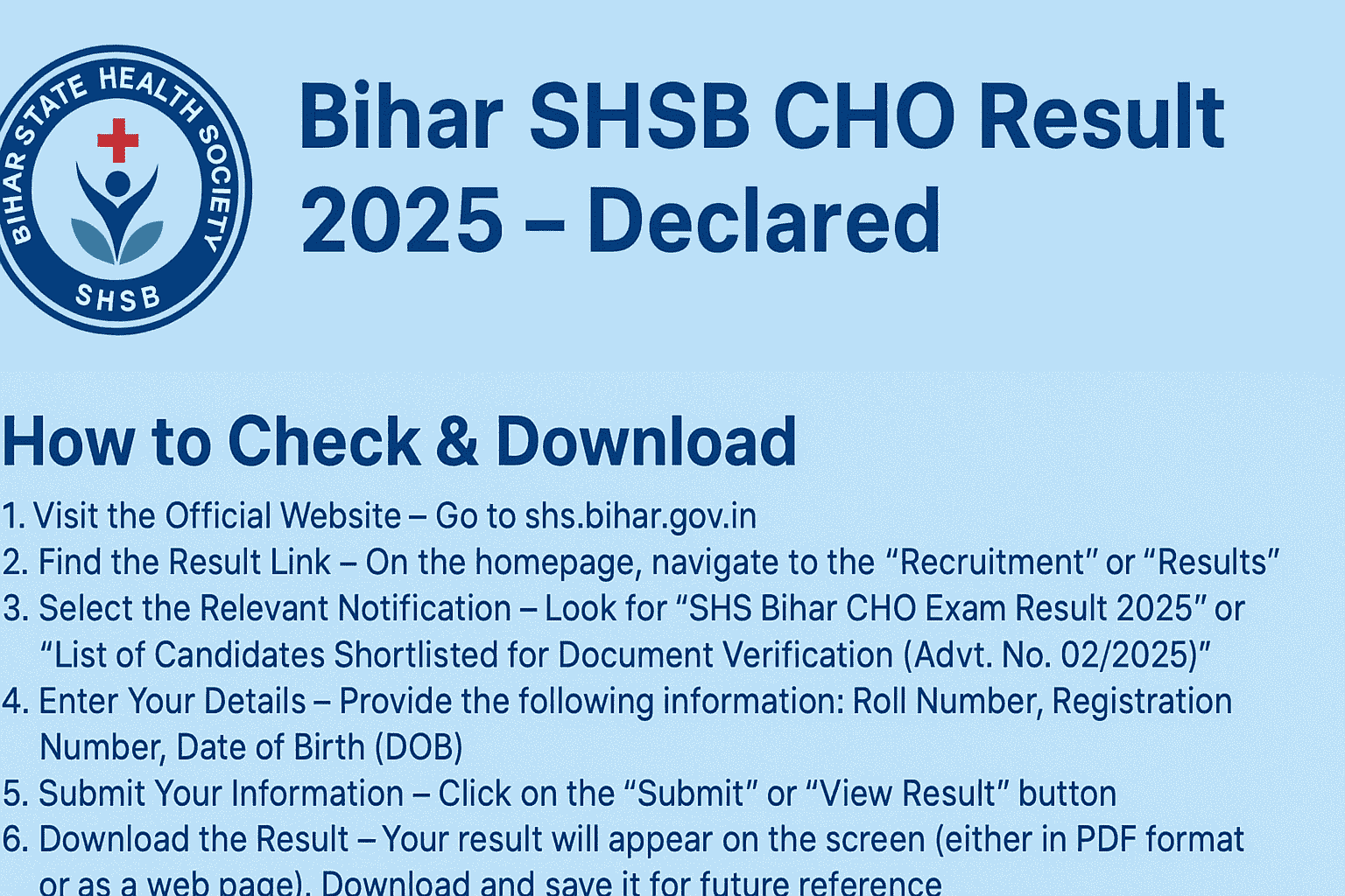 Bihar SHSB CHO Result 2025 – Declared Bihar SHSB CHO Result 2025 – Declared