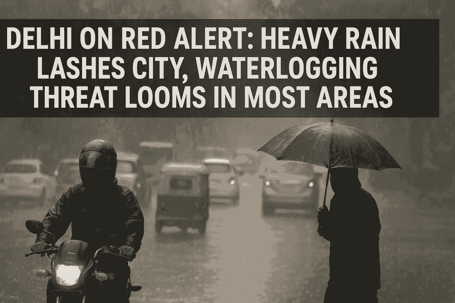 Heavy rain in New Delhi during red alert, with motorcyclist in raincoat, pedestrian under umbrella, auto rickshaws and cars moving slowly on waterlogged road.