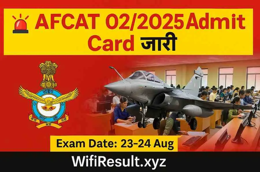 AFCAT 02/2025 Admit Card जारी – Indian Air Force Logo और Fighter Jet / Exam Hall Background | Exam Date 23-24 Aug | WifiResult.xyz