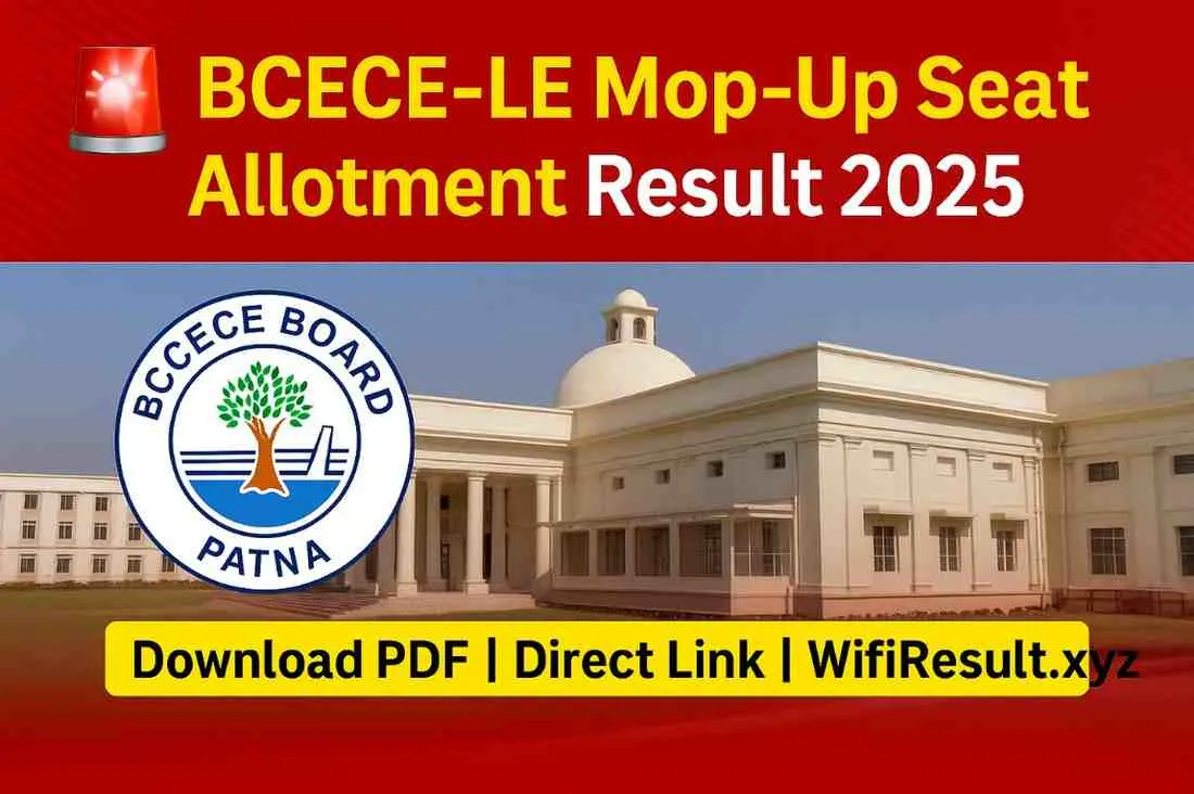 BCECE-LE Mop-Up Round Seat Allotment Result 2025 जारी – BCECE Board Patna Logo और Engineering College Building Background | Download PDF | WifiResult.xyz
