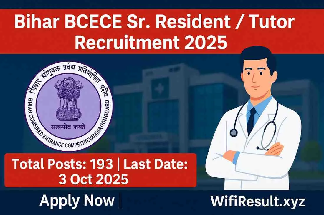 Bihar BCECE Sr. Resident Tutor Recruitment 2025 breaking news style poster with BCECEB logo, doctor illustration, 193 posts, last date 3 October 2025 and WifiResult branding