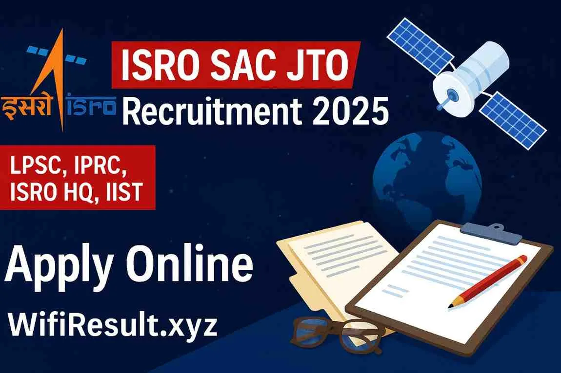 ISRO SAC JTO Recruitment 2025 breaking news style poster with ISRO logo, satellite, Earth background, LPSC, IPRC, ISRO HQ, IIST units and WifiResult branding