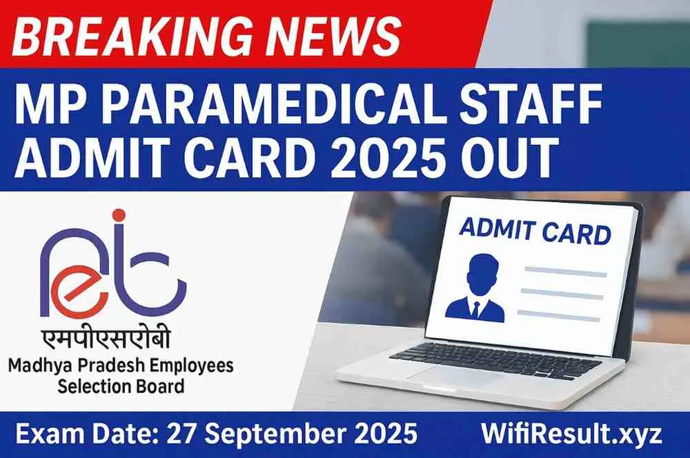 MP Paramedical Staff Admit Card 2025 breaking news style poster with MPESB logo, exam hall background, admit card graphic and WifiResult branding