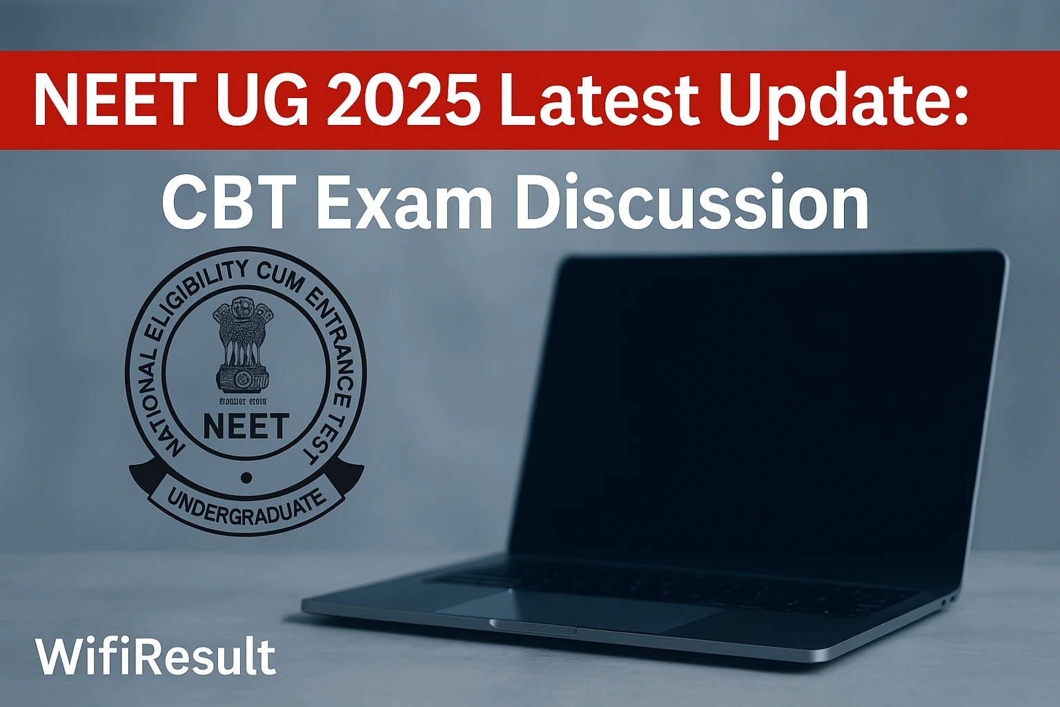 NEET UG 2025 latest update poster with NEET logo, CBT exam discussion highlight, red banner text, laptop background and WifiResult branding