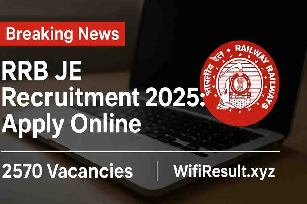 RRB JE Recruitment 2025 breaking news style poster with Railway logo, Apply Online text, and 2570 vacancies highlight