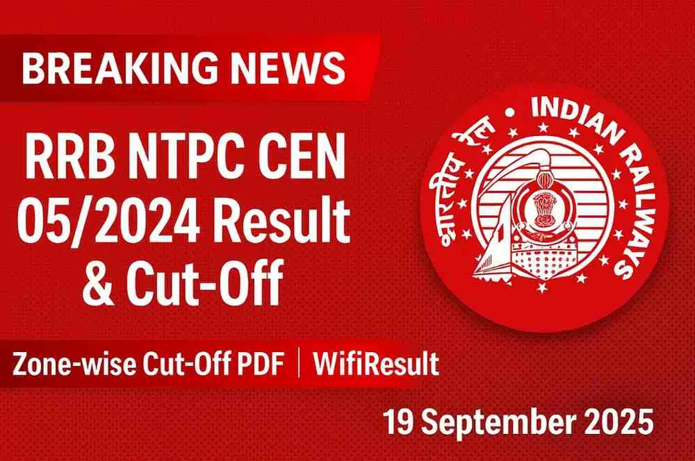 RRB NTPC CEN 05/2024 Result and Cut-Off breaking news poster with Indian Railways logo, zone-wise cutoff PDF, and WifiResult branding