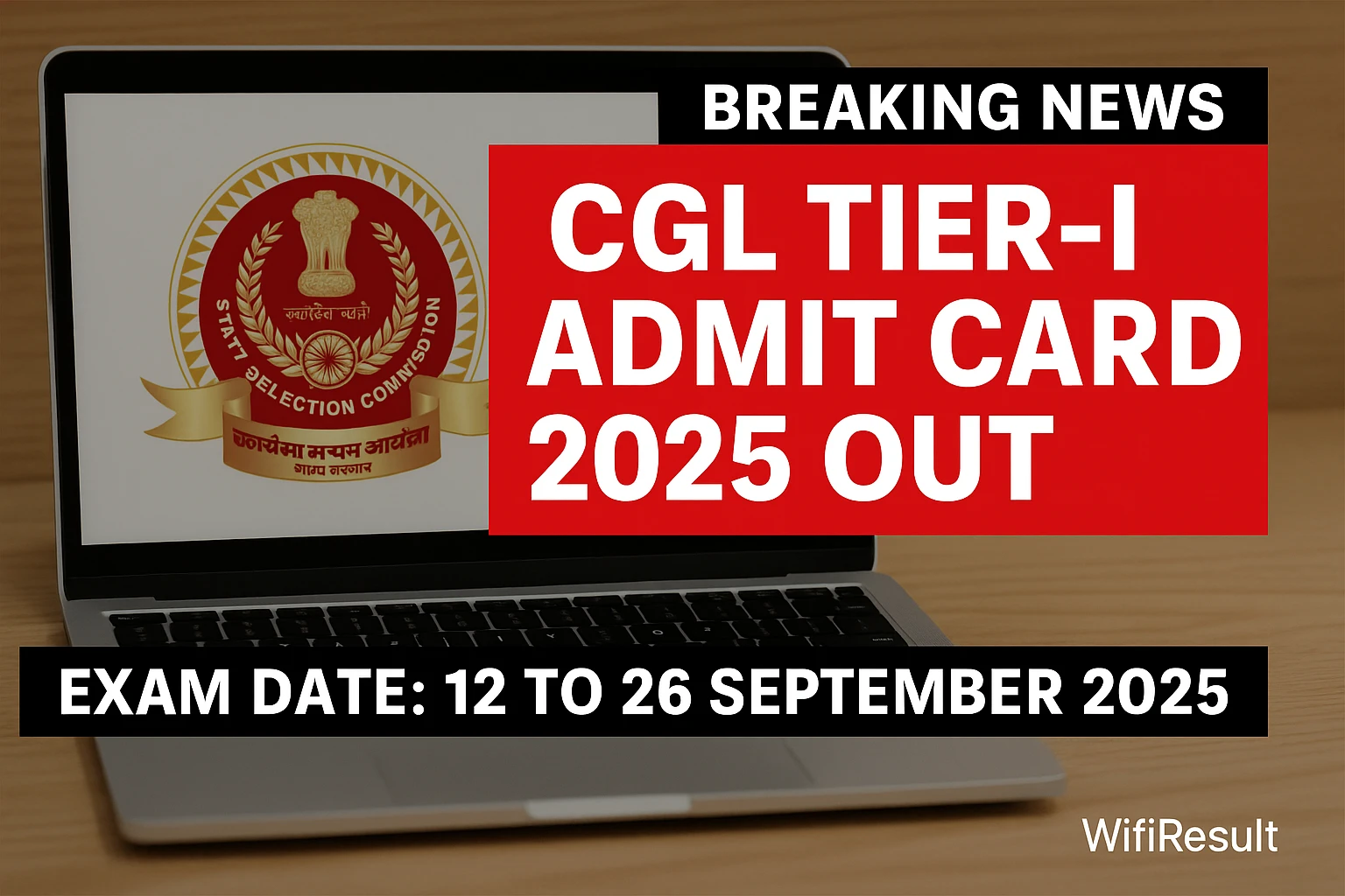 SSC CGL Tier-I Admit Card 2025 breaking news style poster with SSC logo, exam date 12 to 26 September 2025, and WifiResult branding
