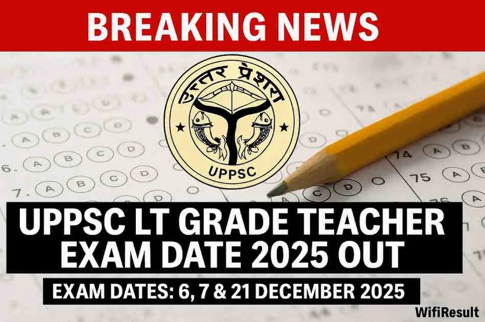 UPPSC LT Grade Teacher Exam Date 2025 breaking news poster with UPPSC logo, exam dates 6, 7 and 21 December 2025, and WifiResult branding