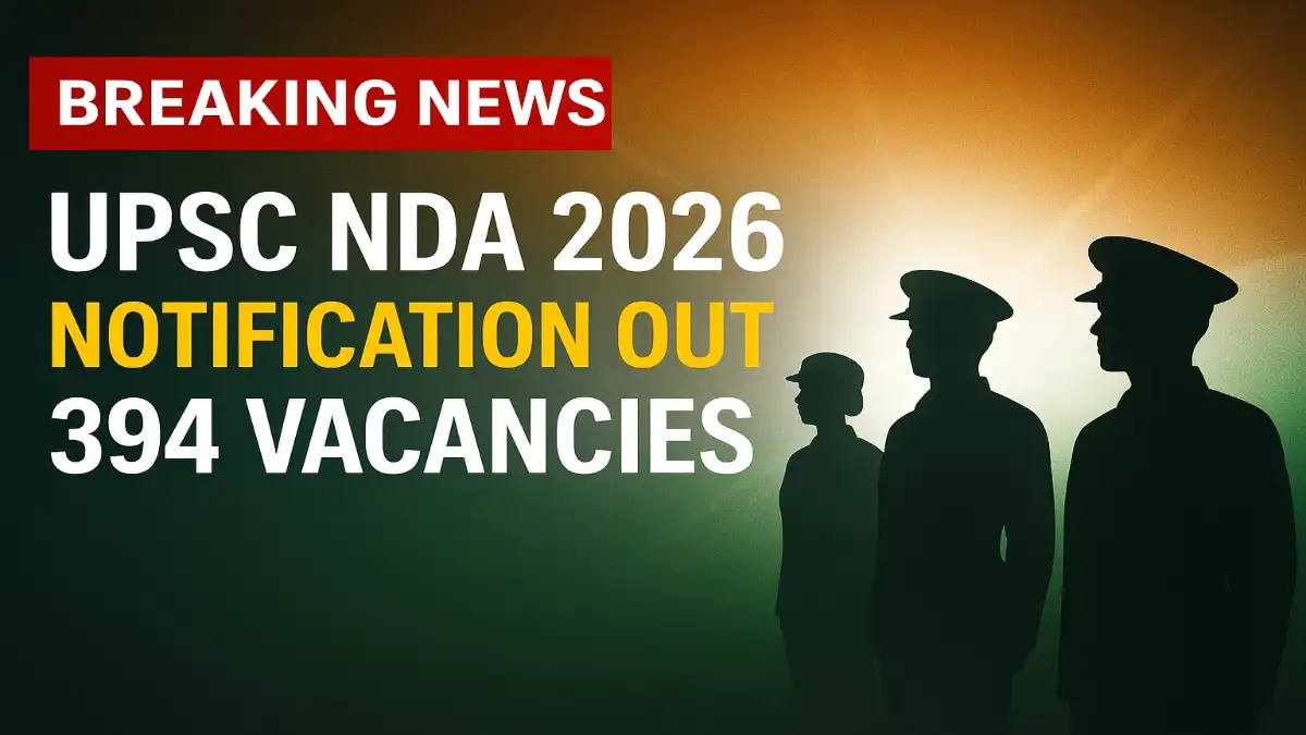 UPSC NDA 2026 Notification Out banner with 394 vacancies and defence forces graphics.